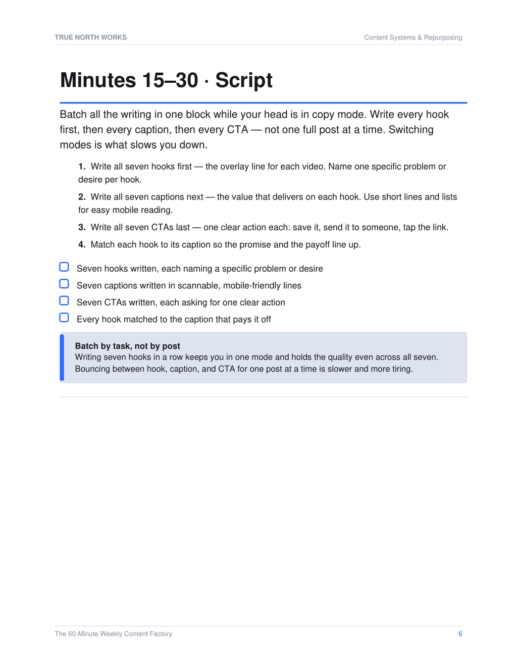 60-Minute Weekly Content Factory — inside, page 2 (preview)