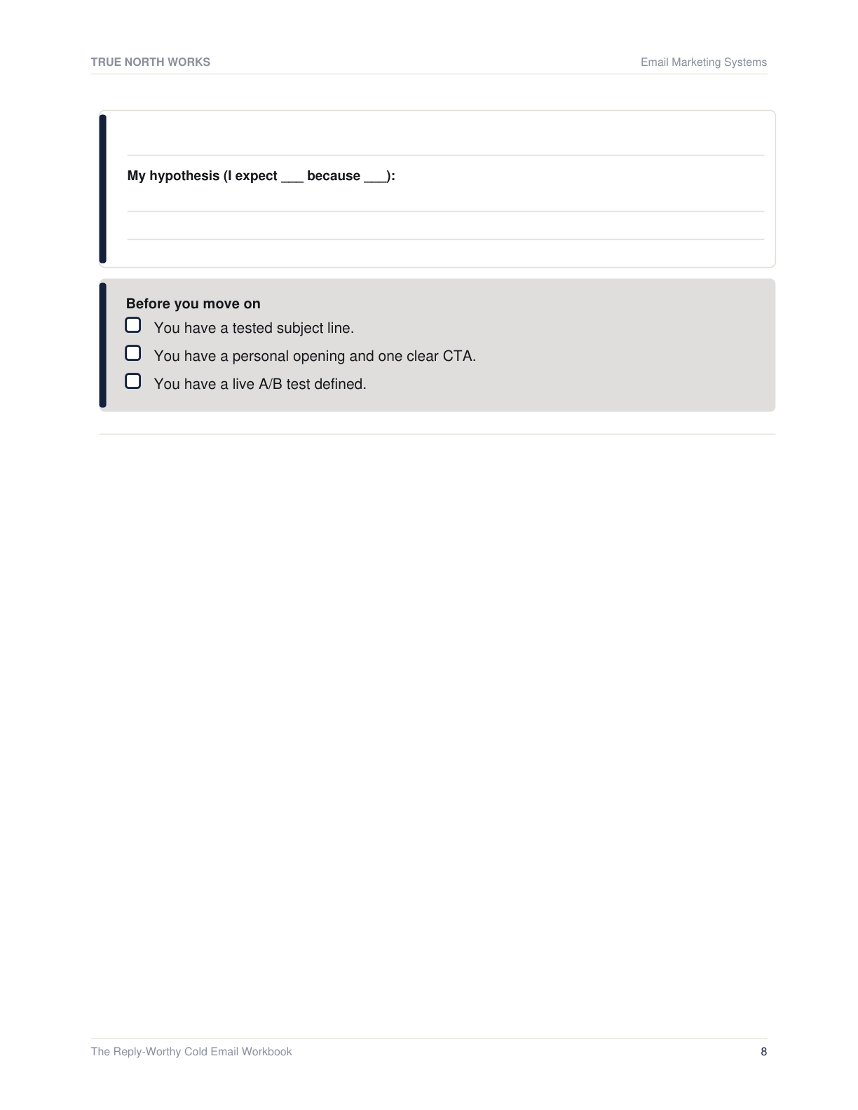 The Reply-Worthy Cold Email Workbook — inside, page 2 (preview)