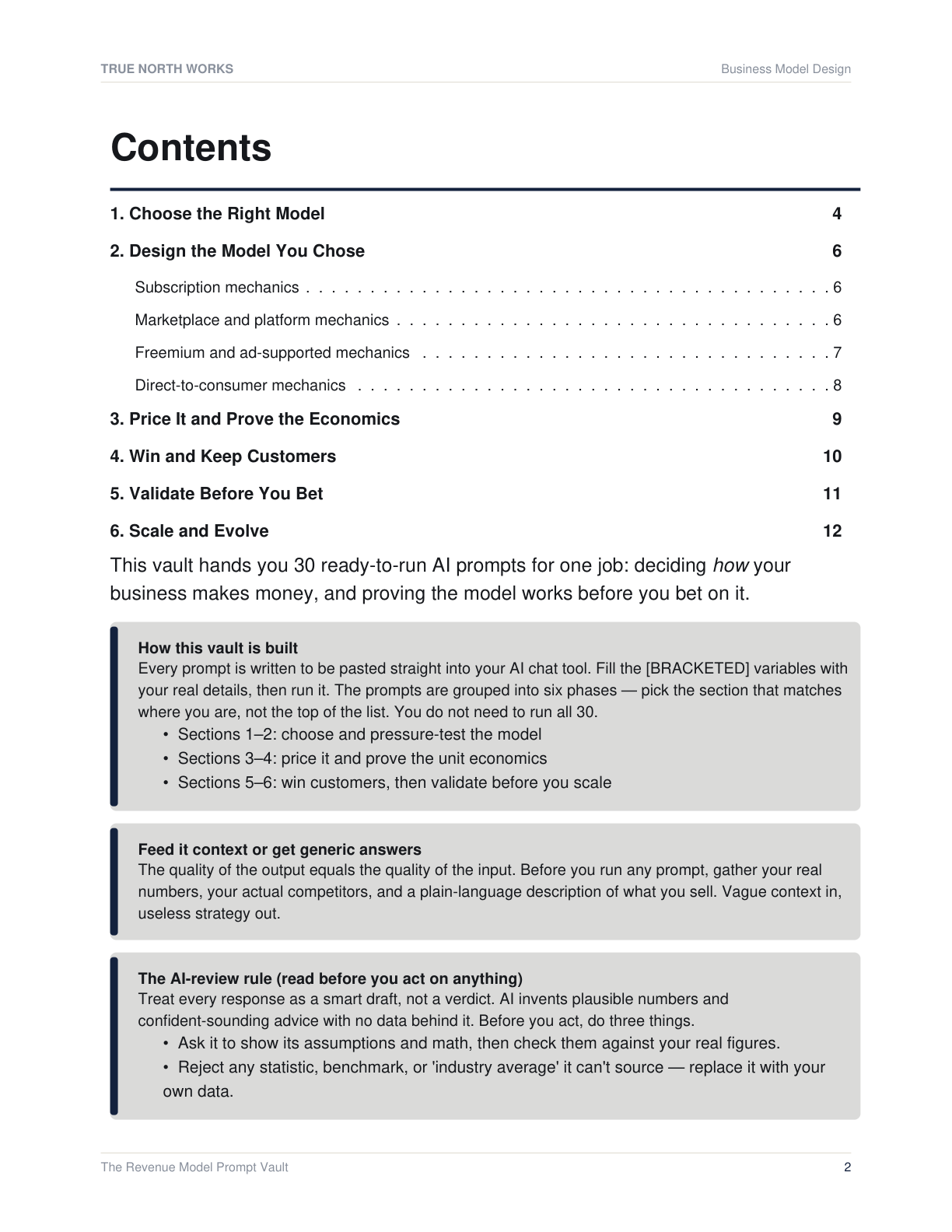 The Revenue Model Prompt Vault — inside, page 1 (preview)