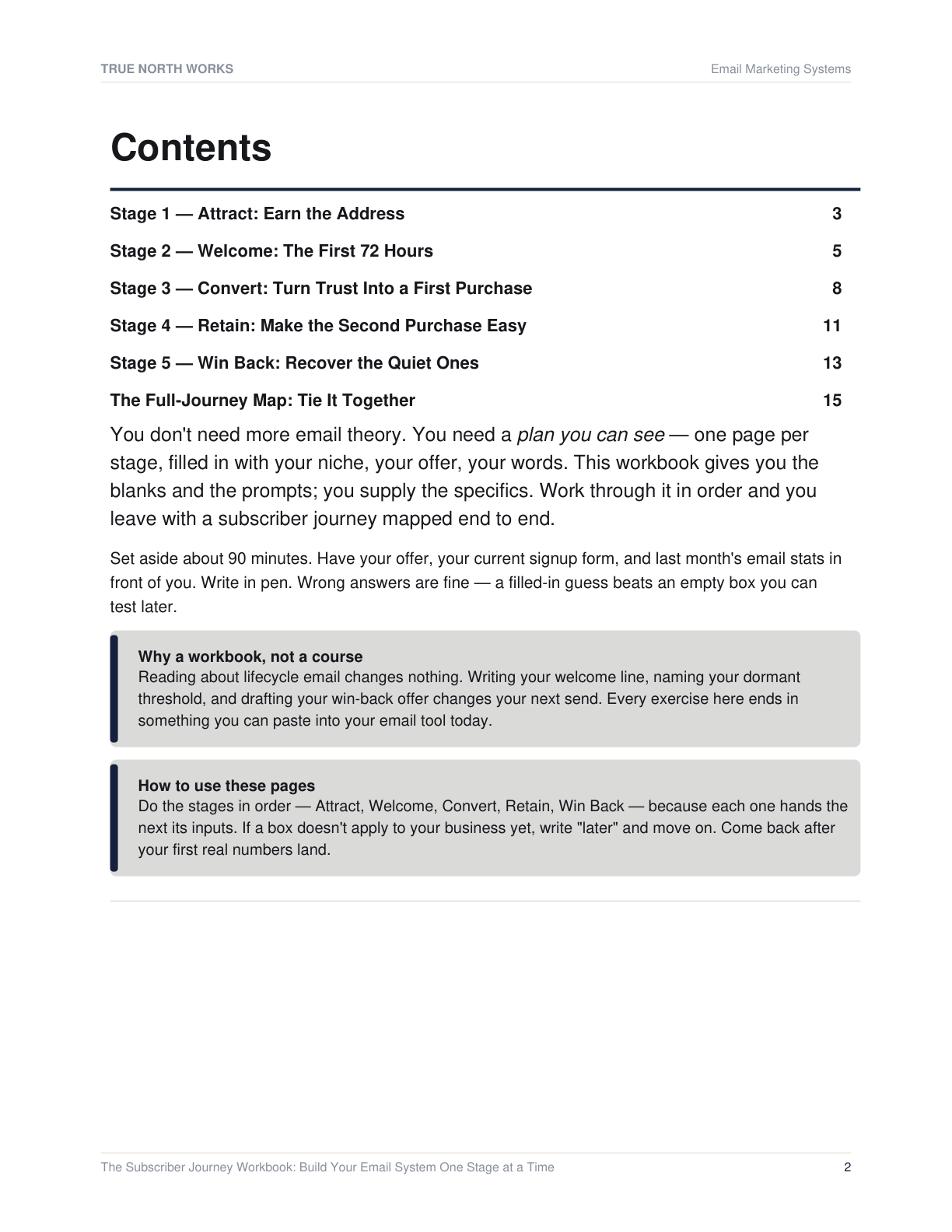 The Subscriber Journey Workbook: Build Your Email System One Stage at a Time — inside, page 1 (preview)